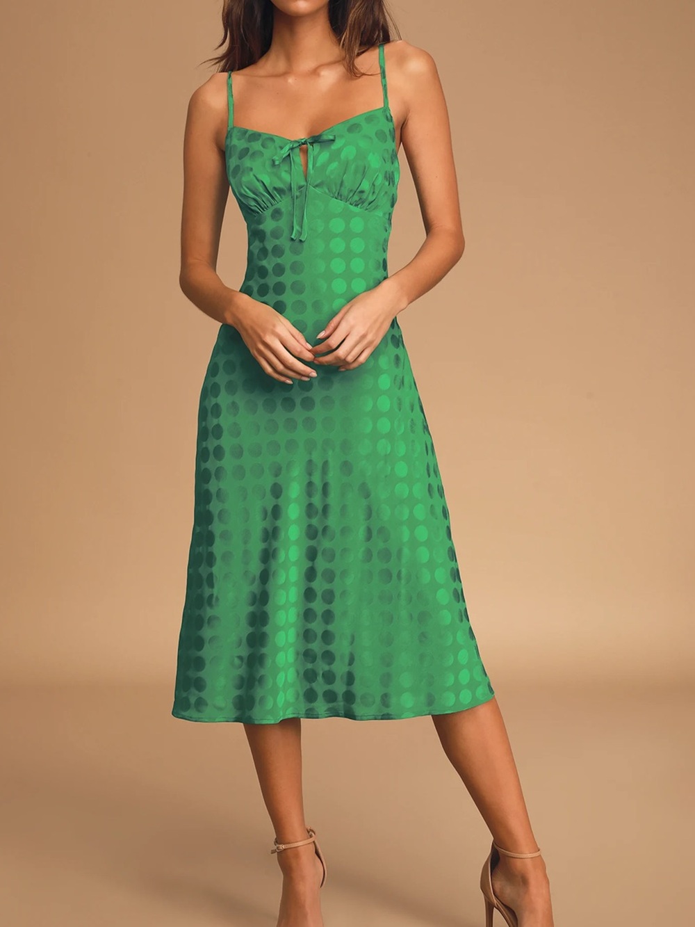 Lulu’s “Dot the Way” Green Polka Dot Jacquard Midi Dress - Size Small